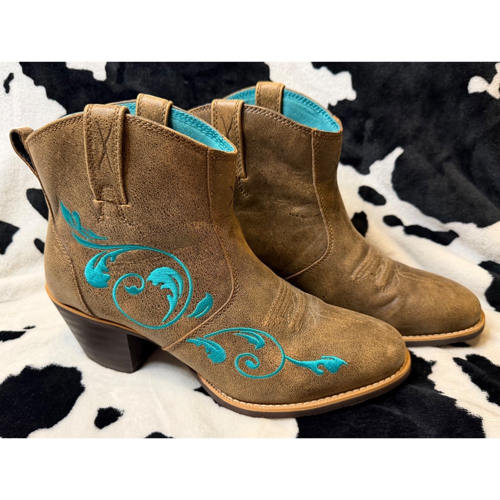 Twisted X Womens Brown Leather Turquoise Embroidered Western Ankle Boots Size 10